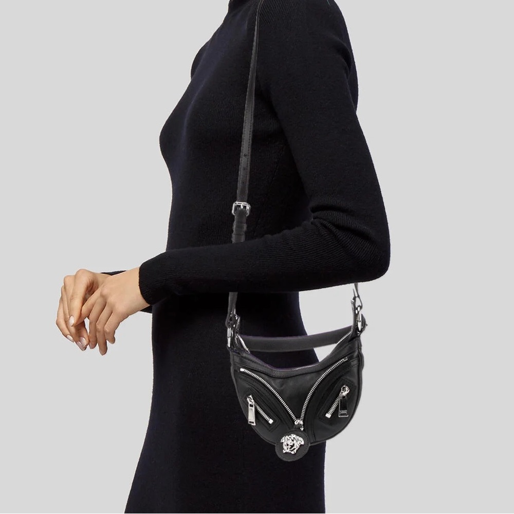 VERSACE Runway Black Leather Leather Hobo Mini Bag & Crossbody Strap